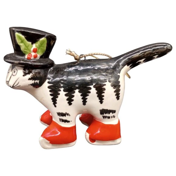 Vtg Christmas Cat Ornament Ceramic Black White Red Boots Top Hat Holiday Kliban - Picture 5 of 16